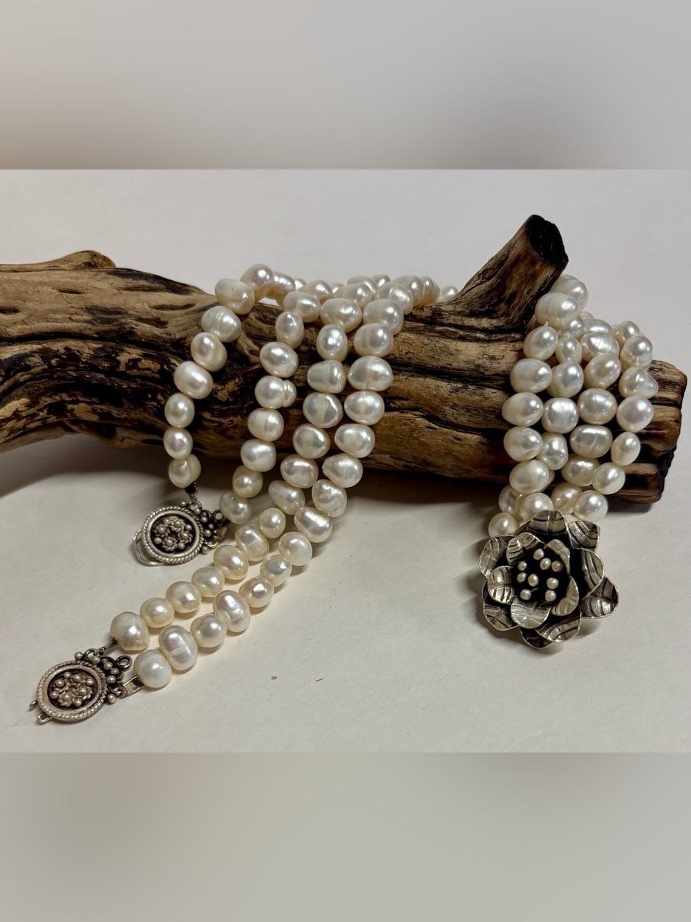VTG Artisan 925 Solid Flower on Multi Strand Baroque Pearl Necklace 18” 61.95g